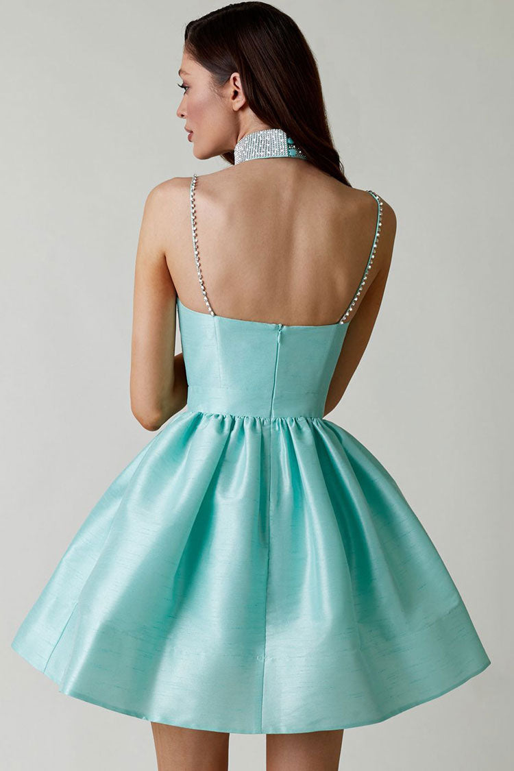 Silky Sweetheart Spaghetti Strap Pleated Satin Skater Mini Dress - Teal