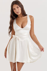 Silky V Neck Wrap Tie Drop Waist Fit & Flare Satin Party Mini Sundress - White