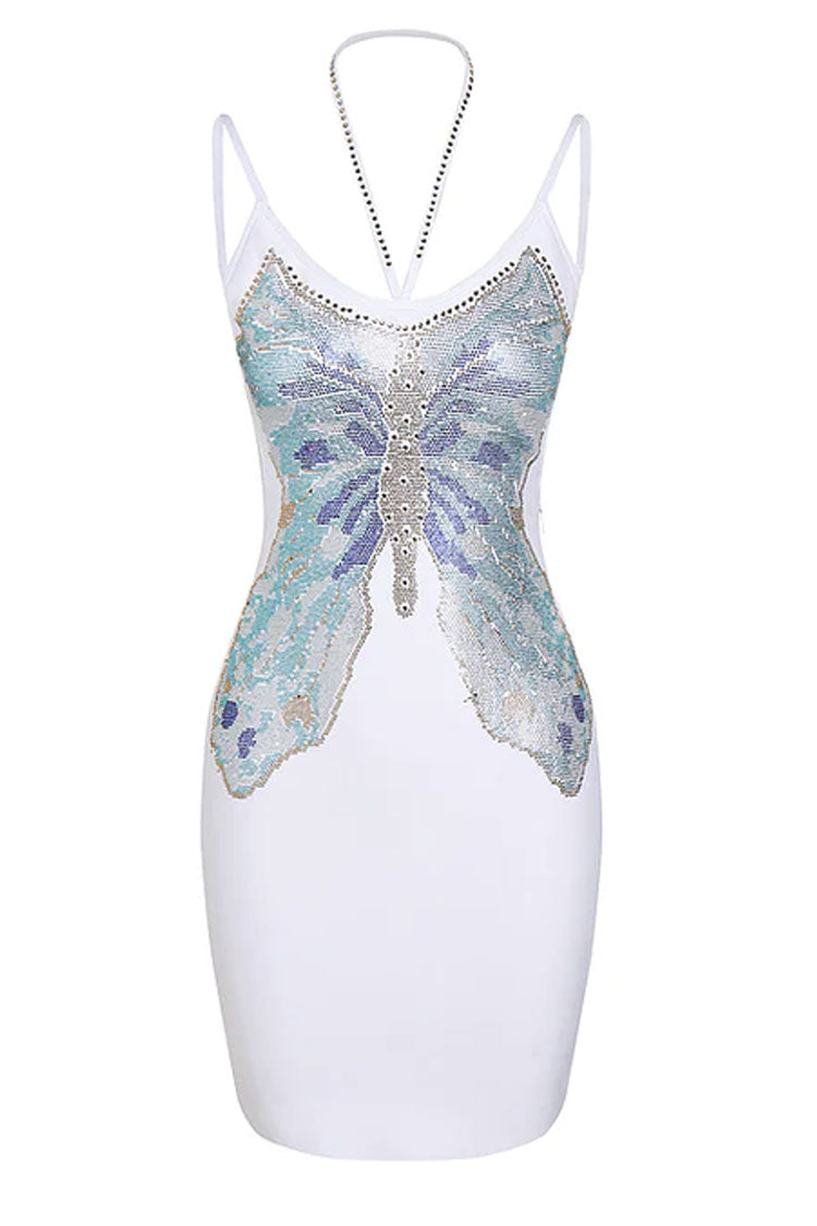 Sparkly Butterfly Rhinestone Halter Cocktail Party Mini Dress - White