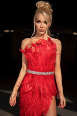 Sparkly Crystal One Shoulder High Slit Feather Midi Dress - Red