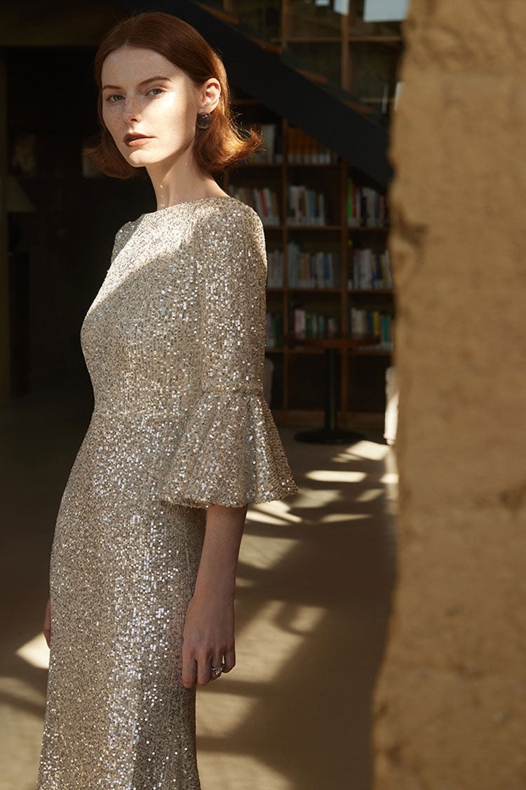 Sparkly Deep V Back Bell Sleeve Fishtail Sequin Formal Maxi Dress - Champagne