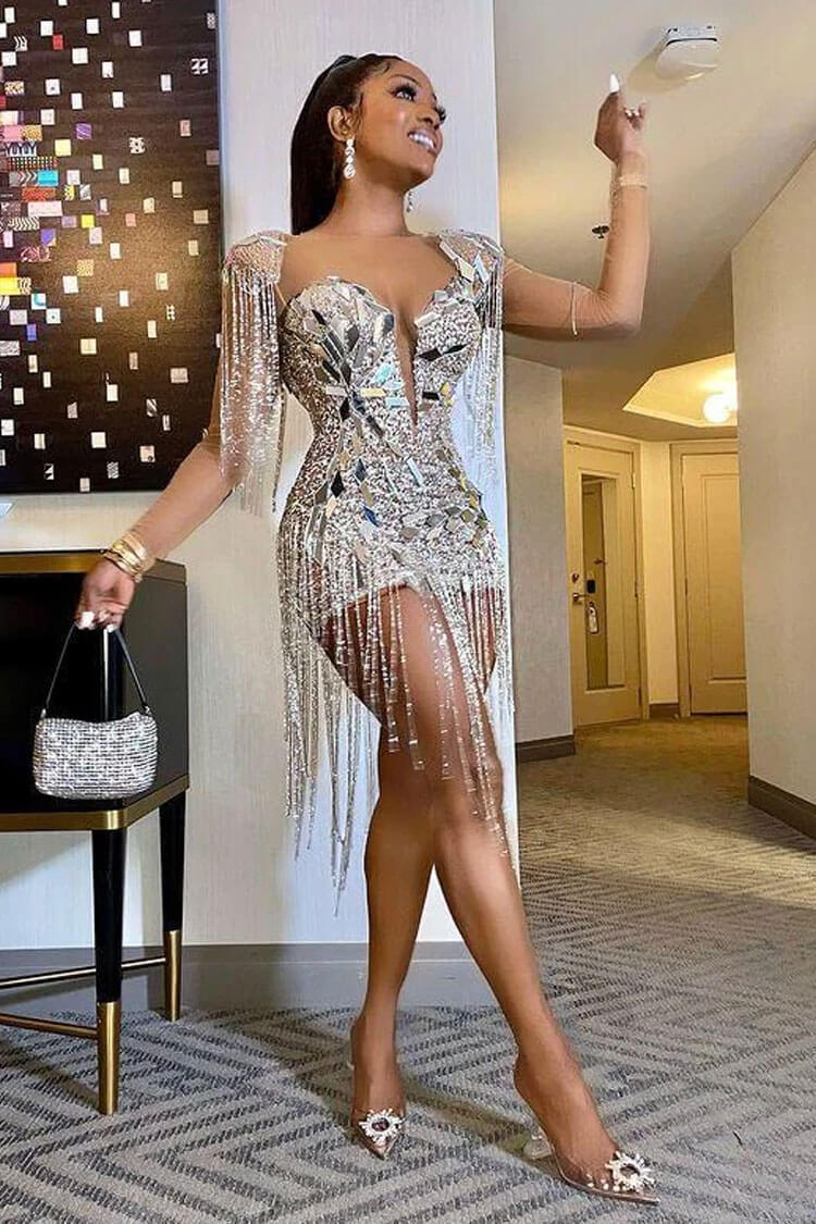 Sparkly Rhinestone Fringe Epaulet Sheer Mesh Sequin Party Mini Dress - Silver