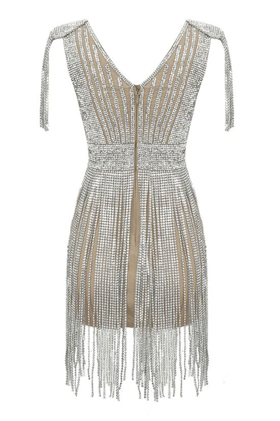 Sparkly Rhinestone Fringe Shoulder Pad Deep V Bodycon Party Mini Dress - Silver