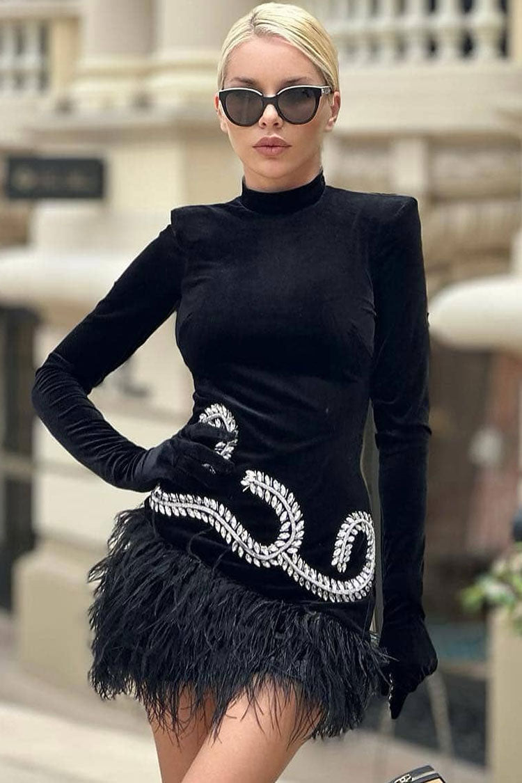 Sparkly Rhinestone Glove Long Sleeve Faux Feather Velvet Party Mini Dress - Black