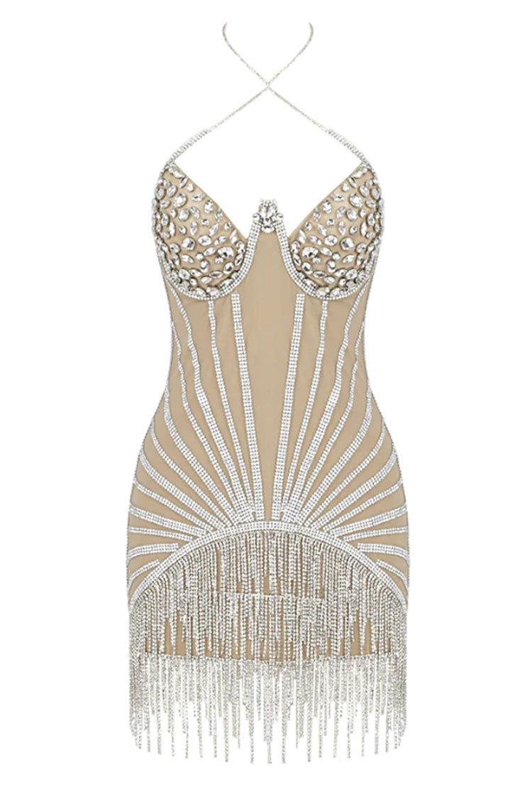 Sparkly Rhinestone Sweetheart Halter Neck Mesh Fringe Party Mini Dress - Silver