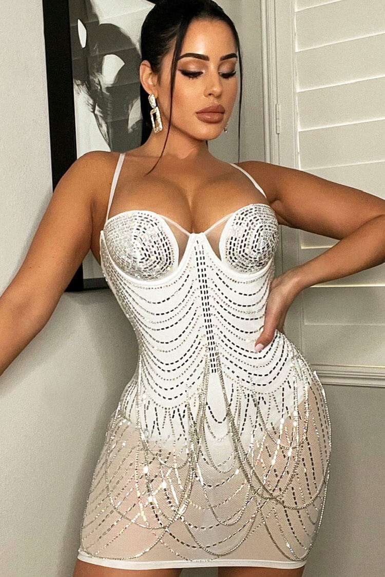 Sparkly Rhinestone Sweetheart Neck Sheer Mesh Bodycon Party Mini Dress - White