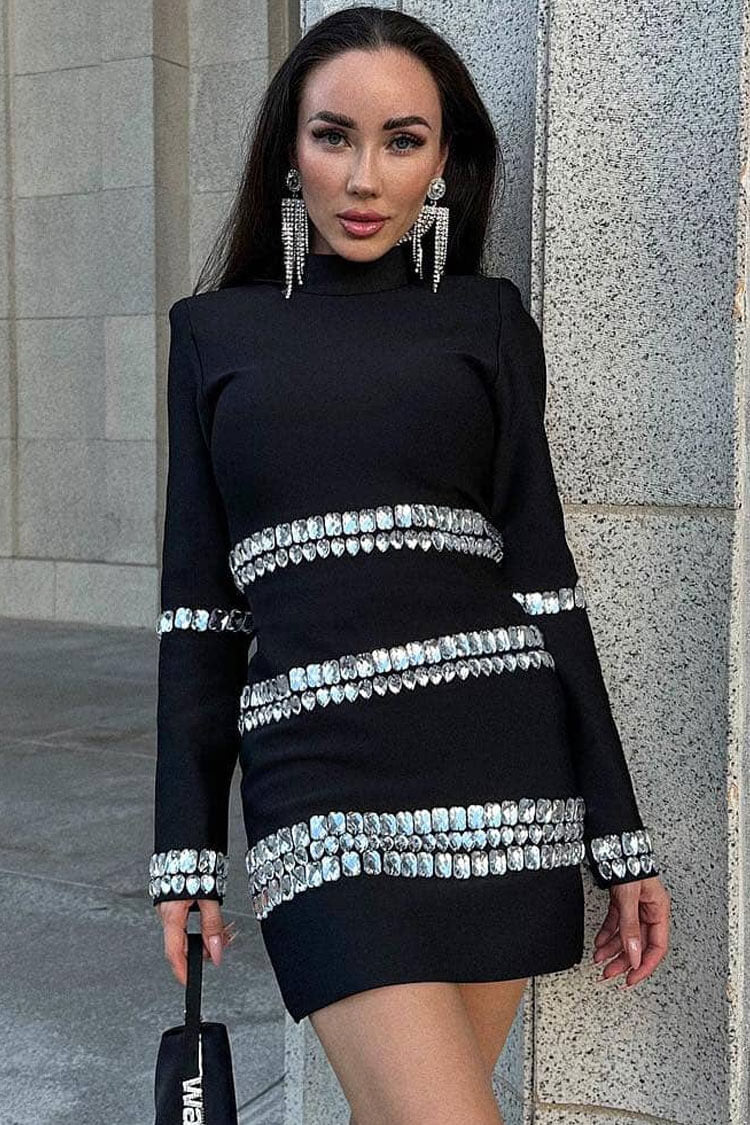 Sparkly Rhinestone Trim Mock Neck Long Sleeve Bandage Party Mini Dress - Black