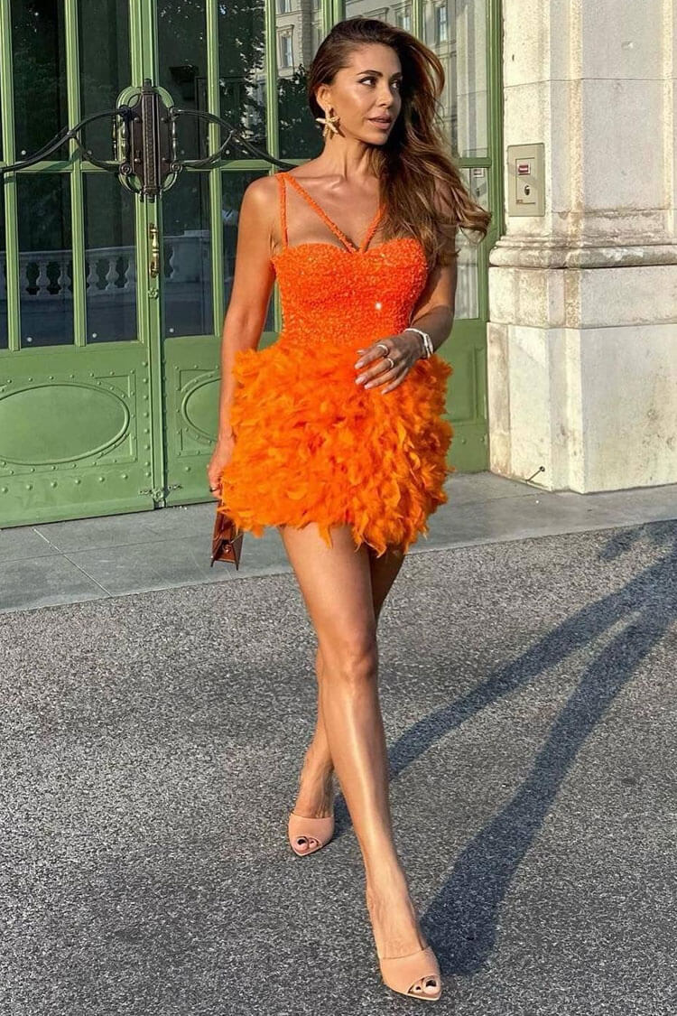 Sparkly Sequin Bustier Sleeveless Feather Trim Party Mini Dress - Burnt Orange