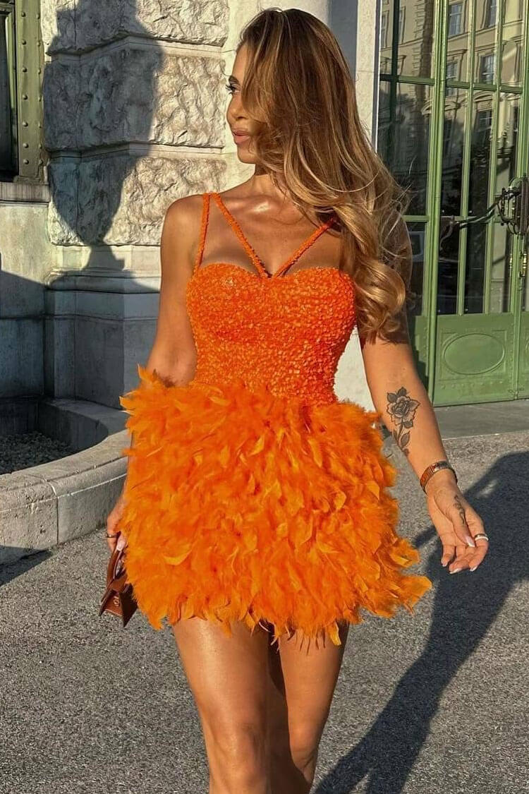 Sparkly Sequin Bustier Sleeveless Feather Trim Party Mini Dress - Burnt Orange