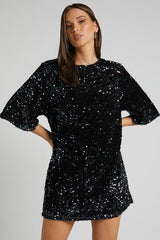 Sparkly Sequin Crew Neck Short Sleeve Oversized Velvet Party Mini Dress - Black