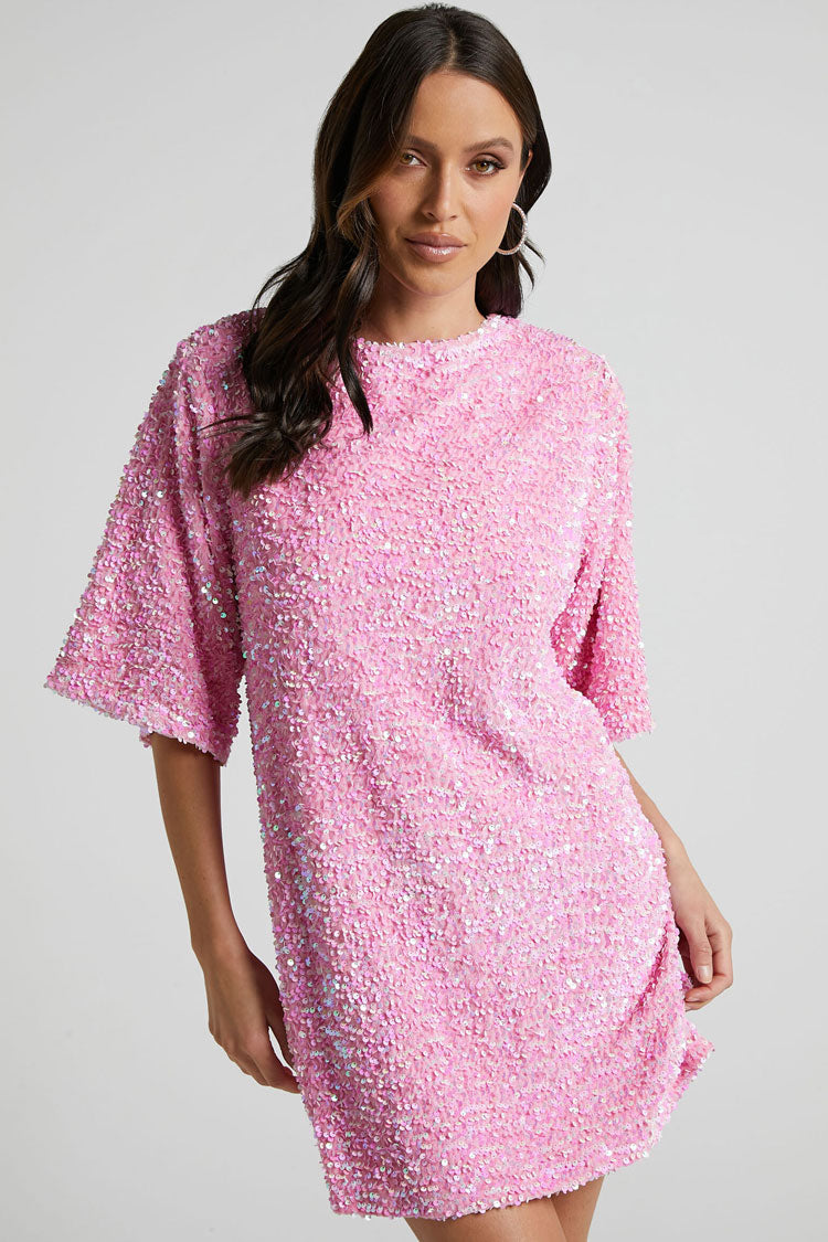 Sparkly Sequin Crew Neck Short Sleeve Oversized Velvet Party Mini Dress - Pink