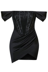 Sparkly Sequin Off Shoulder Satin Corset Club Mini Dress - Black