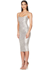 Sparkly Sequin Scoop Neck Spaghetti Strap Cocktail Party Midi Dress - Silver