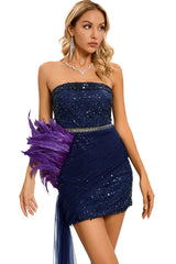 Sparkly Sequin Strapless Faux Feather Tulle Train Satin Party Mini Dress - Navy Blue