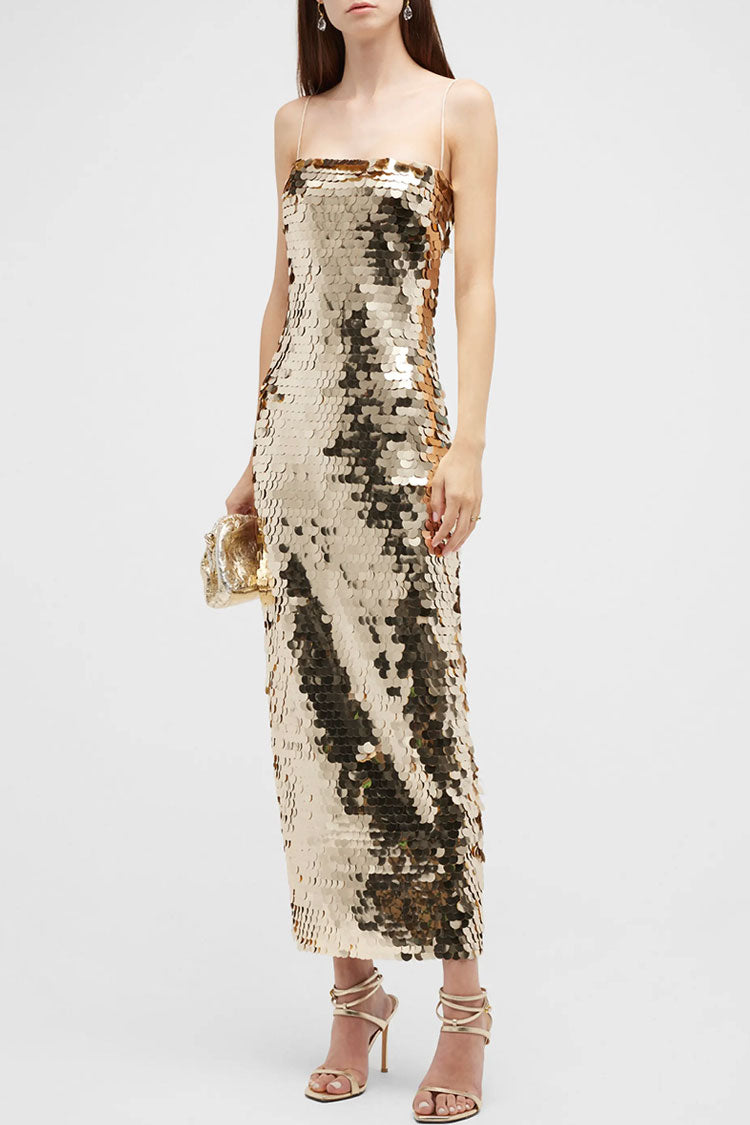 Sparkly Square Neck Spaghetti Strap Bodycon Sequin Cocktail Midi Dress - Gold