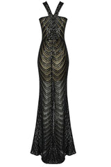 Sparkly V Neck Semi Sheer Sequin Mermaid Maxi Formal Dress - Black