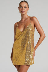 Sparkly V Neck Spaghetti Strap A Line Sequin Party Mini Dress - Gold