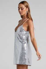 Sparkly V Neck Spaghetti Strap A Line Sequin Party Mini Dress - Silver