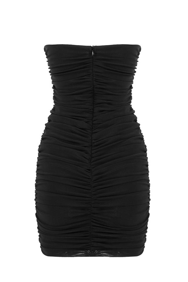 Strapless Deep V Underwire Ruched Bodycon Mini Party Dress - Black