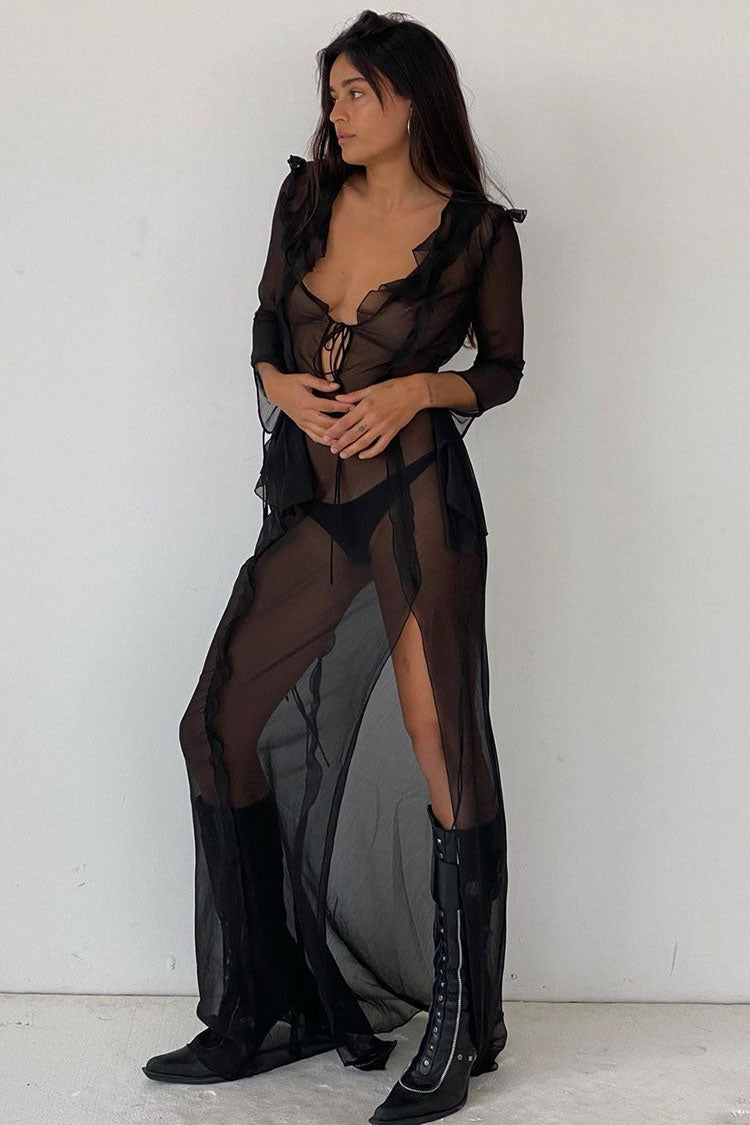 Stunning Tie Neck Long Sleeve Split Ruffle Sheer Chiffon Maxi Dress - Black