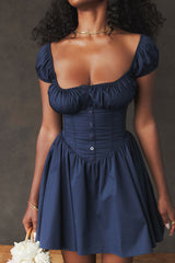 Sweet Scoop Neck Cap Sleeve Fit & Flare Corset Party Mini Dress - Navy Blue