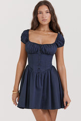 Sweet Scoop Neck Cap Sleeve Fit & Flare Corset Party Mini Dress - Navy Blue