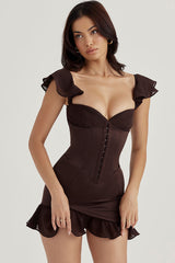 Swingy Chiffon Ruffle Bustier Satin Slip Party Mini Dress - Chocolate