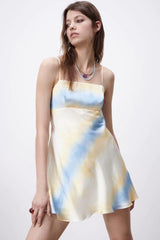 Tie Dye Print Square Neck A-Line Slip Mini Dress - Yellow