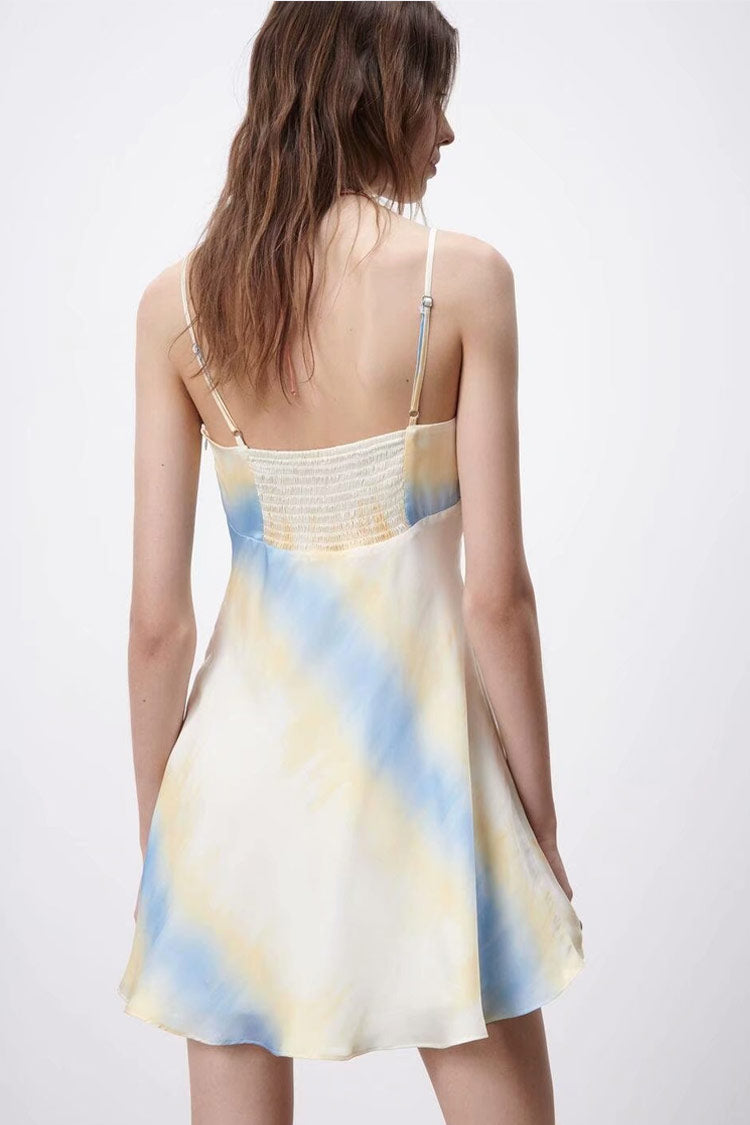 Tie Dye Print Square Neck A-Line Slip Mini Dress - Yellow