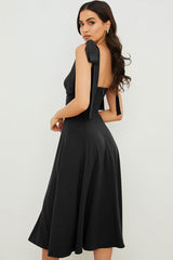 Tie Strap Fit & Flare High Slit Slip Midi Dress - Black