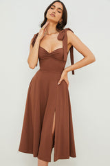 Tie Strap Fit & Flare High Slit Slip Midi Dress - Chocolate