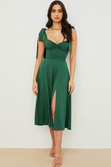 Tie Strap Fit & Flare High Slit Slip Midi Dress - Emerald Green