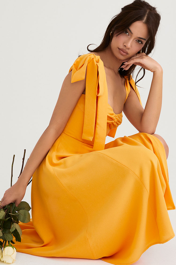 Tie Strap Fit & Flare High Slit Slip Midi Dress - Yellow