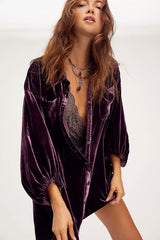 Vintage Bishop Sleeve Button Up Velvet High Low Shirt Dress - Purple