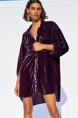 Vintage Bishop Sleeve Button Up Velvet High Low Shirt Dress - Purple