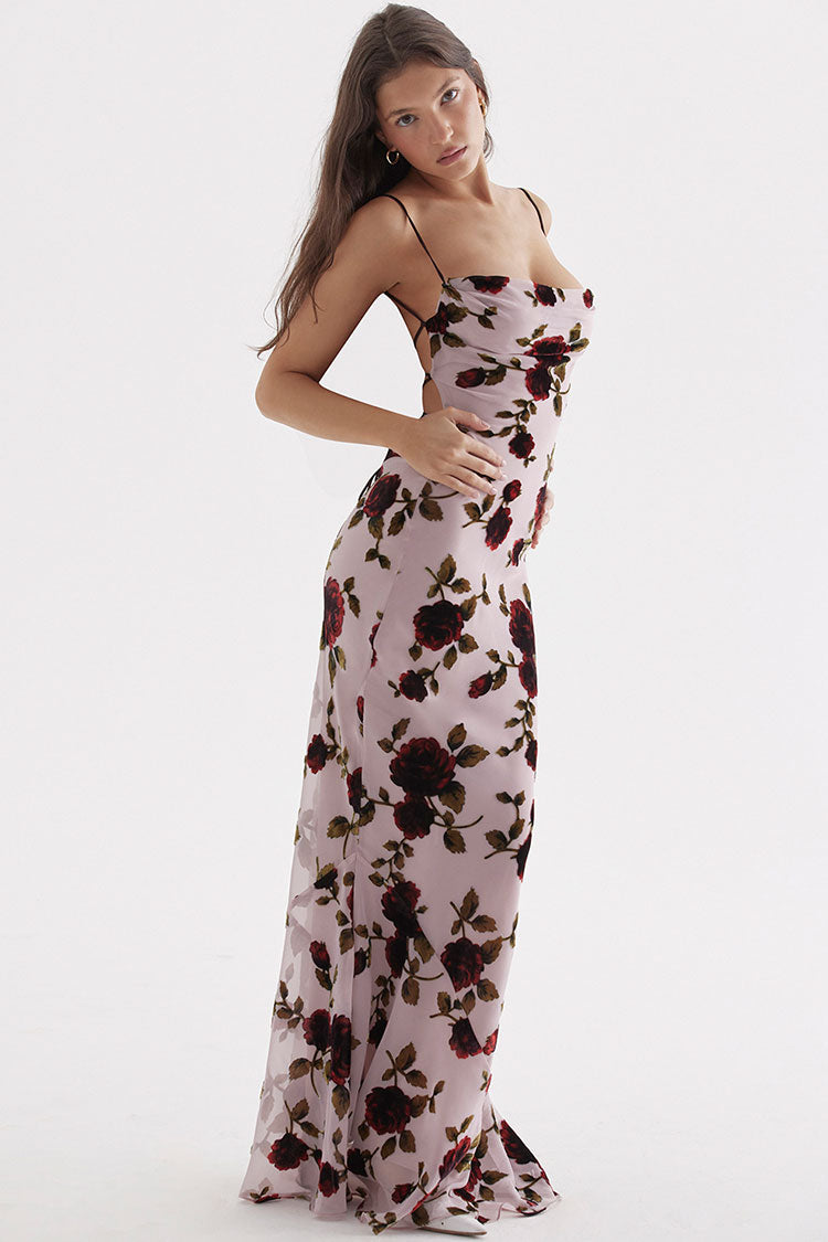 Vintage Cowl Neck Printed Mesh Cami Backless Fishtail Slip Maxi Dress - Floral