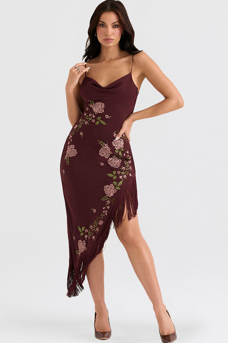 Vintage Floral Embroidered Fringe Sleeveless Cocktail Party Midi Dress - Burgundy