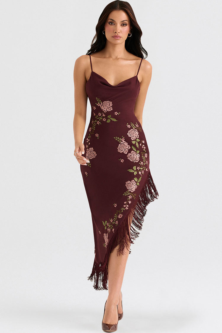 Vintage Floral Embroidered Fringe Sleeveless Cocktail Party Midi Dress - Burgundy