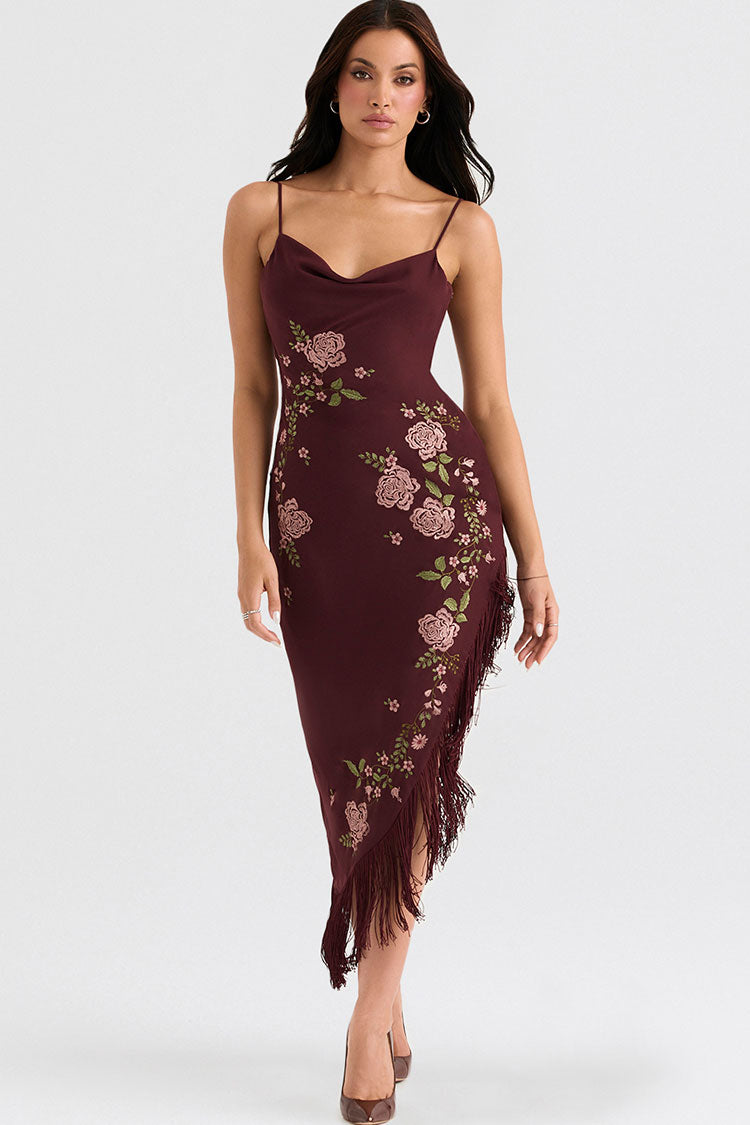 Vintage Floral Embroidered Fringe Sleeveless Cocktail Party Midi Dress - Burgundy