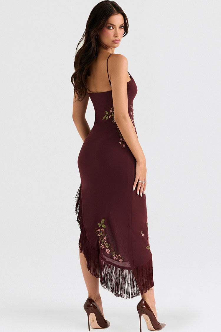 Vintage Floral Embroidered Fringe Sleeveless Cocktail Party Midi Dress - Burgundy