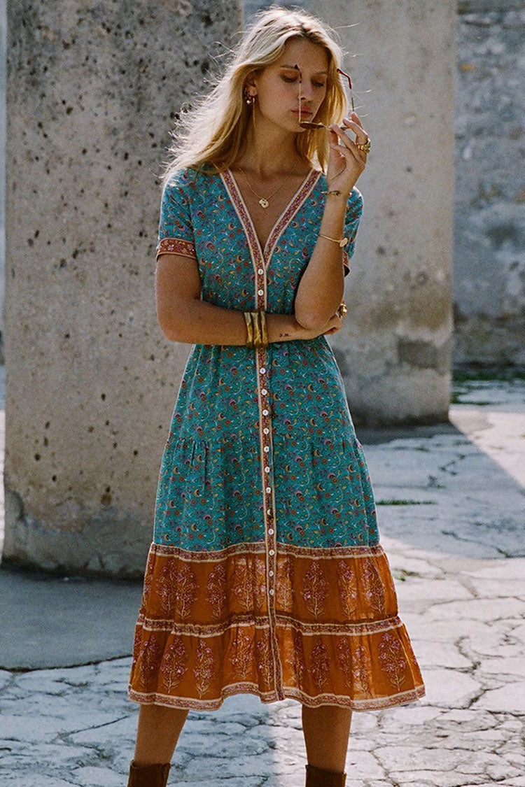 Vintage Floral Print Empire Waist Boho Chic Dress - Teal Blue