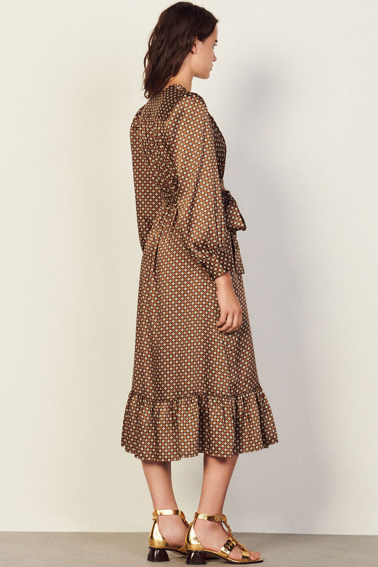 Vintage Floral Printed Long Sleeve Ruffle Wrap Midi Dress - Coffee