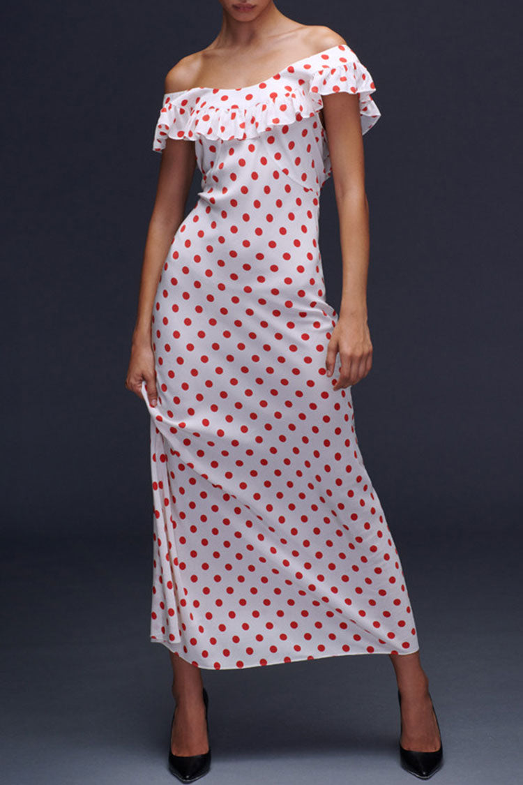 Vintage Polka Dot Printed Ruffle Off Shoulder Summer Midi Sundress - White