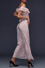 Vintage Polka Dot Printed Ruffle Off Shoulder Summer Midi Sundress - White