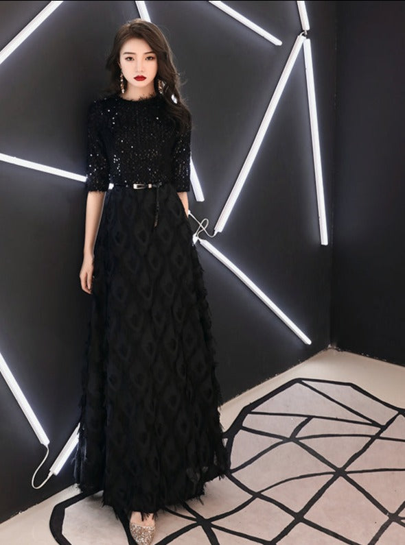 Black Half Sleeves Lace Floor-length Dress