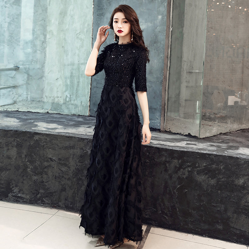 Black Half Sleeves Lace Floor-length Dress