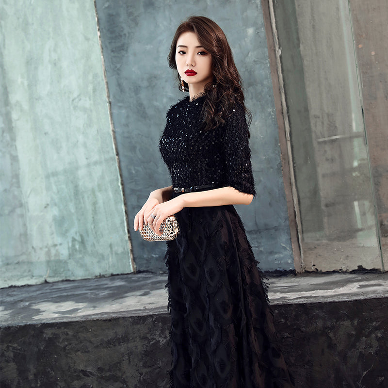 Black Half Sleeves Lace Floor-length Dress