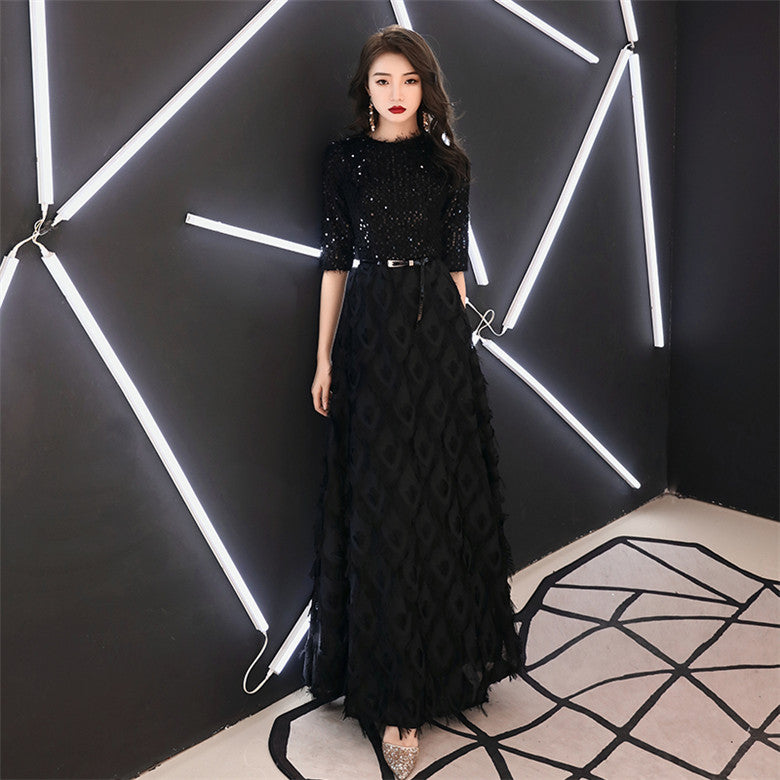 Black Half Sleeves Lace Floor-length Dress