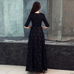 Black Half Sleeves Lace Floor-length Dress